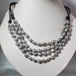 Nwt Cultured pear & Hematite leather silver neckla